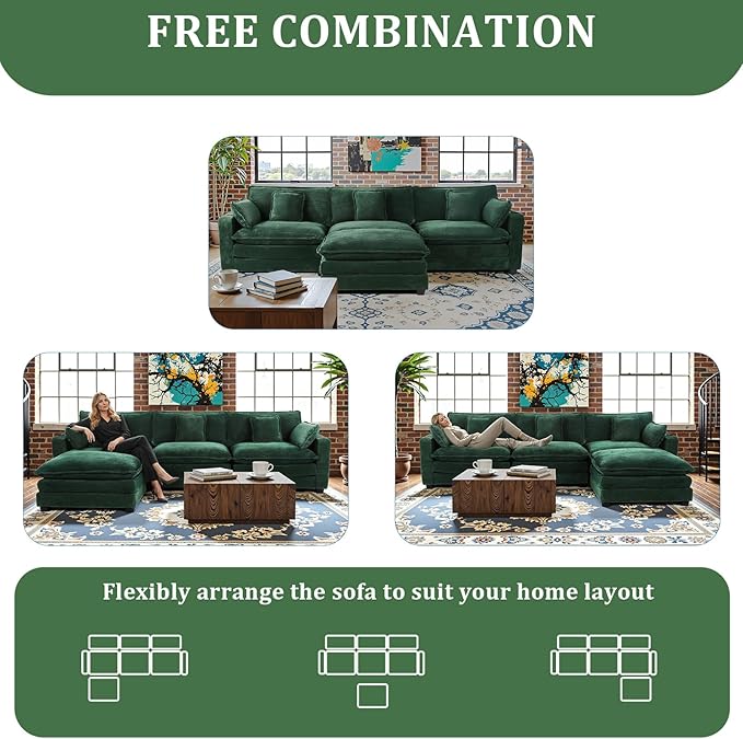 99 Modular Sectional SofaCouches for Living RoomModern Modular L-Shape Sofa with Ottoman &amp Side Pocket Cloud Sectional CouchCorduroy Oversized Sleeper Sofa with USB Port &amp Cup Holder (Gree