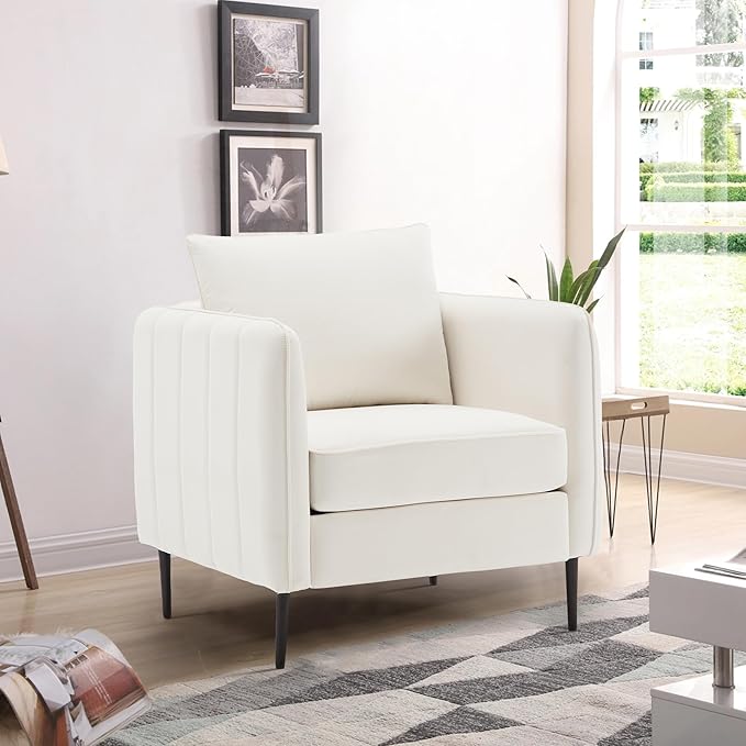 Modern Accent ChairSoft Frosted Velvet Armchair Upholstered Accent Club Chair with Meatl LegsComfy Reading Sofa Chair with Wide Armrestsfor Living RoomBedroomReading Room (Ivory)
