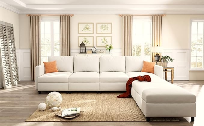 123 Large Modular Sectional SofaModern U-Shaped Sectional couch with Storage6-Seater Deep Seat Chenille Fabric Sofa for Living Room L-Shape Convertible with Movable Ottoman &amp Cup Holders (Whit
