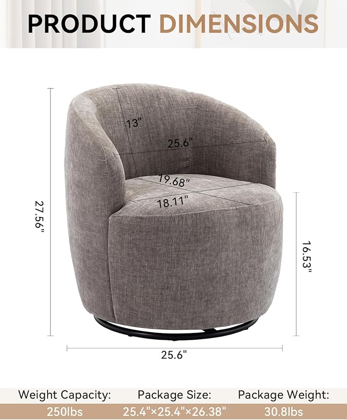 360 Degree Swivel Accent Chair Modern Barrel Vanity Chair with Back Comfy Single Circle Couch for Living Room Bedroom Reading Nook (Chenille Gray)