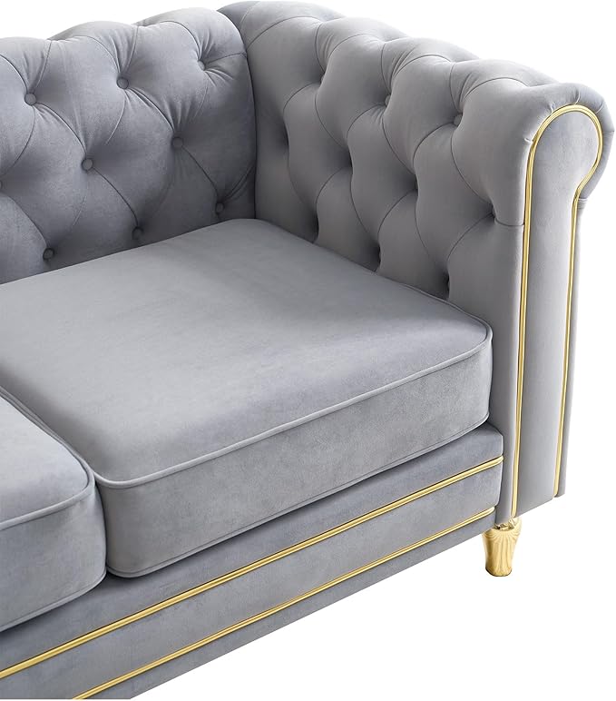 Homtique Modern Sofa Couch 3 Seater Couch Comfy Velvet Sofa with Button Tufted Rolled Arms and Gold Legs for Living Room Home Studio/Office Bedroom Grey