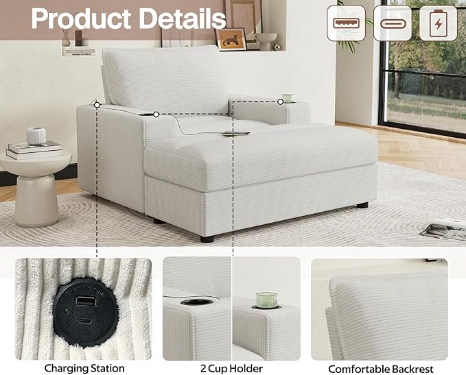 42.8 Oversized Chaise Lounge Chair with Storage Ottoman Corduroy Sofa Bed with Cup Holders &amp USB Charging Port Upholstered Sleeper Chair for Living Room BedroomBeige