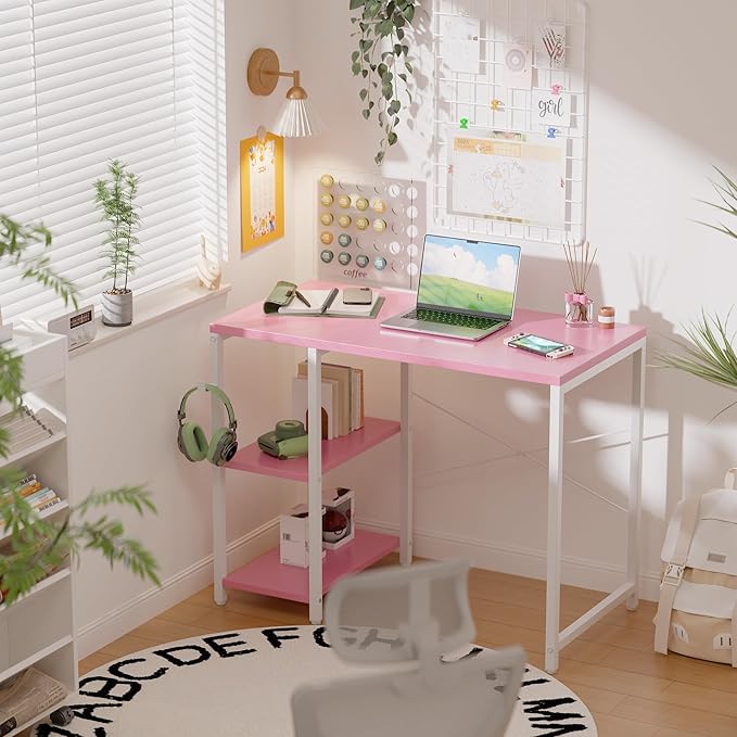 Pamray 32 Inch Small Computer Desk with Shelves Home Office Desk with Headphone Hook for Bedroom Study Writing PC Table for Small Spaces Pink