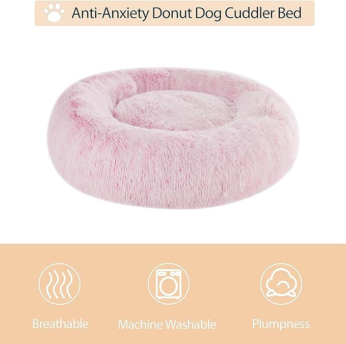 WNPETHOME Calming Dog Bed &amp Cat Bed Donut Faux Fur Self-Warming Donut Cuddler Comfortable Round Plush Pet Beds (27 x 27 x 8 Inch Light Pink)