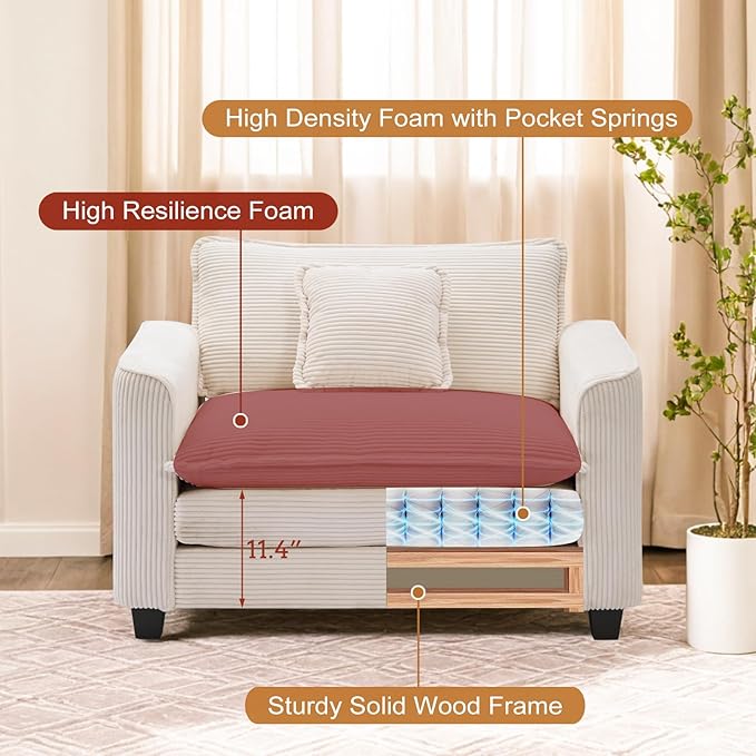 Furniliving Oversized Accent Chair with Ottoman Luxury Corduroy Single Sofa Upholstered Deep Seat Chaise Lounge with Pillows for Living Room Bedroom Apartment Beige
