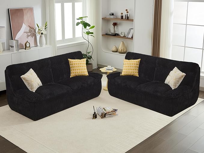 82'' Boneless Corduroy Loveseat Sofa for Living Room Oversized Cloud 2-Seater Couch with Deep Seat Black Corduroy Couches Compressed Sofa in a Box for Living RoomNo Assembly Couch