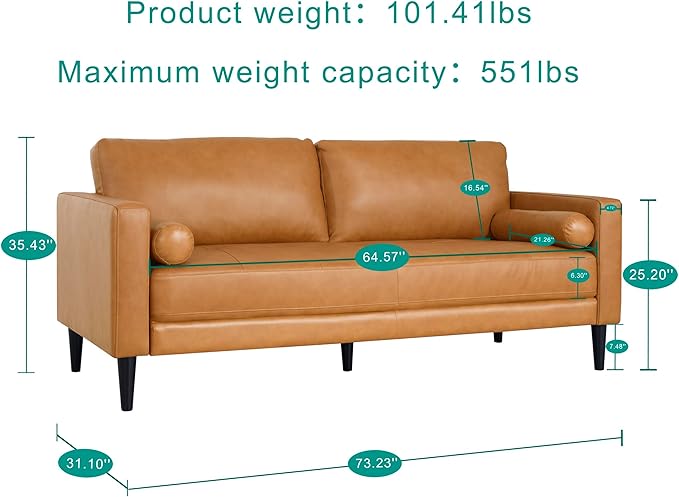Naomi Home Marisa - Genuine Cowhide Leather Sofa - Mid-Century Modern Apartment 3-Seater Couch - Plush Foam Comfort &amp Sturdy Wood Frame