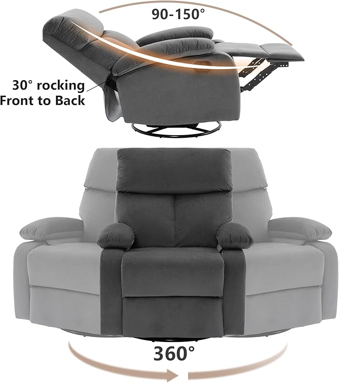 Swivel Rocker Recliner Rocking Small Reclines for Small Spaces Velvet Single Recliner Chair Sofa for Living Room Nursery Bedroom Dark Grey