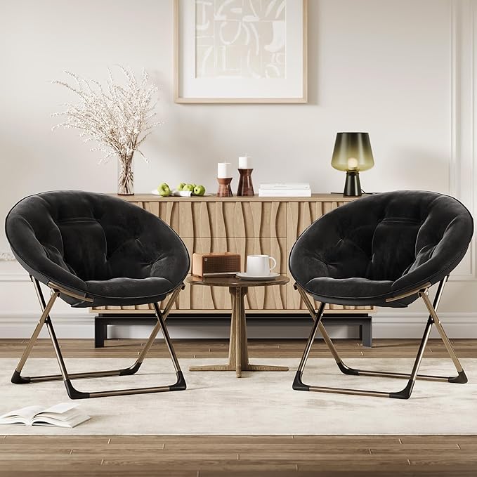 Saucer ChairFaux Fur Comfy Folding Chair with Folding Metal Frame Oversized Plush Flower Accent SeatLounge Moon Chair for Bedroom Dorm or Living RoomBlack