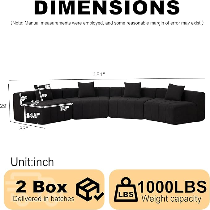 KEIKI Chenille Curved Sectional Sofa 4 Seat Symmetrical Modular Semi Circular Couch Deep Seat Tufted Corner Sofa for Living Room Office Black