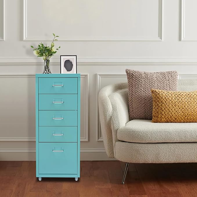 5 Drawer File Storage Cabinet 27 Inch Metal Freestanding Office File Cabinet Drawer Organizer with Wheels Mobile Vertical Storage Cabinet for Bedroom Living Room Office Study (Blue)