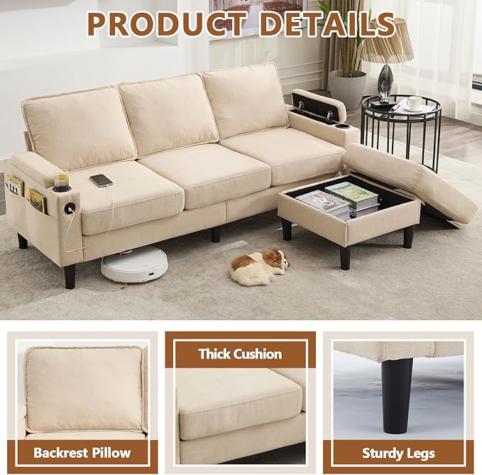 78 3 Seater Couch with Storage Ottoman/Cup Holders/USB Gray Small Sectional Couches for Living Room Cloud l Shaped Sofa for Small Spaces Apartment (Beige)