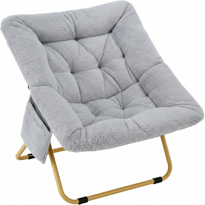 Folding Saucer Chair Comfy Reading Chair with Soft Thick Padded Seat Plush Faux Fur Lounge Chair for Small Space Bedroom Dorm Living Room X-Large Lazy Chair for Adults Teens Kids