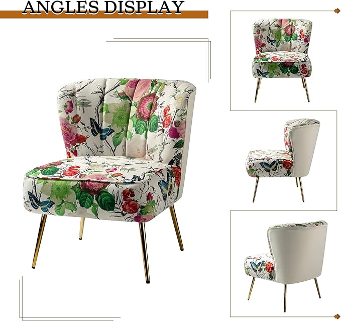 TINA'S HOME Armless Accent Chair with Gold Metal Legs Comfy Tufted Floral Fabric Living Room Chair Wingback Small Side Chair Upholstered Slipper Chair for Bedroom Reading Room (Print Flower IVORY)