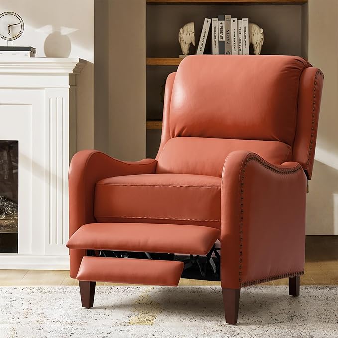 HULALA HOME Genuine Leather Recliner Chair Modern Push Back Recliner Armchair with Thick Seat Backrest &amp Footrest Nailhead Decor for Living Room Bedroom Brick