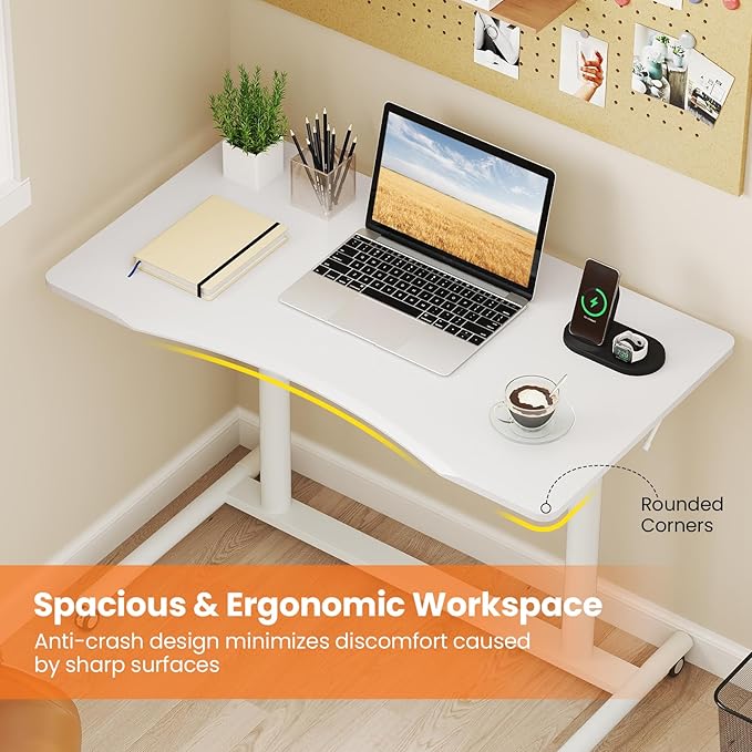 Tangkula Mobile Standing Desk C-Shaped Sit Stand Desk with Adjustable Height Lockable Wheels &amp Metal Frame Rolling Laptop Desk Portable Computer Workstation for Small Space