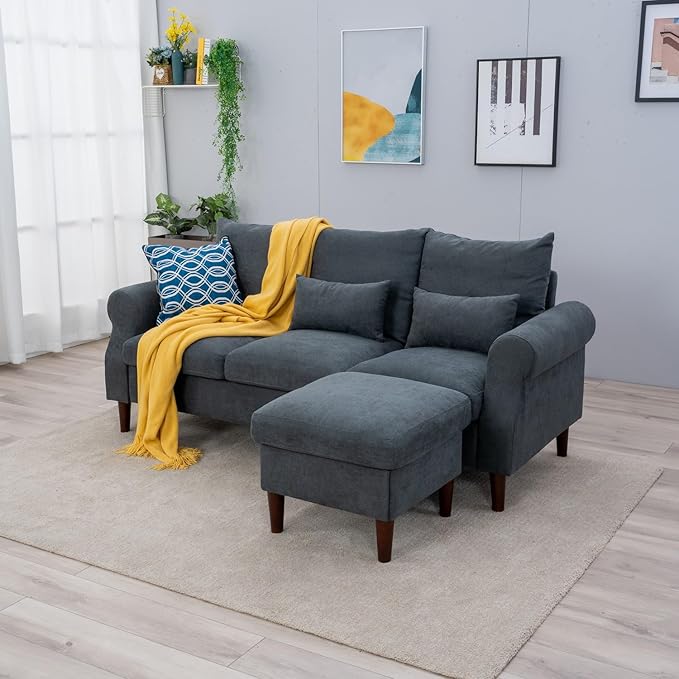 Panana 3 Seater Sofa with Footstool Set Rolled Arm Classic Couch Solid Wood Legs Settee for Small Living Room Office Lounge (Gray 3 Seater with Ottoman)