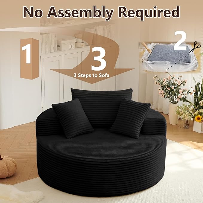 55'' Oversized Round Chair Lounge Chaise Indoor Cloud Boneless Large Circle Chair with Plush Corduroy No Assembly Required Fluffy Modern Sleeper Sofa Bed for Reading Living Room Bedroom(Black)