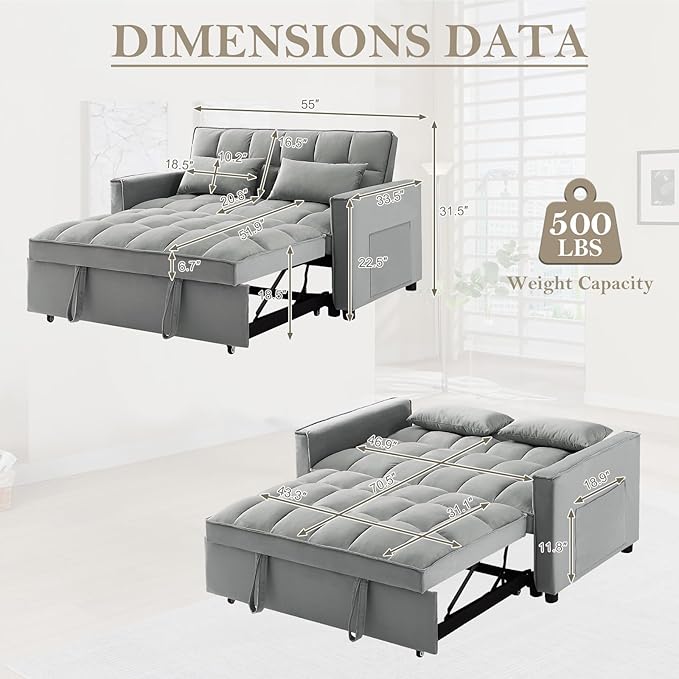 3 in 1 Convertible Sleeper Sofa Couch with Pull Out Bed55 Velvet Upholstered Futon Sofa BedModern Loveseat Sleeper Chaise with Adjustable Backrest for Living Room Guest Room Apartment(Grey)