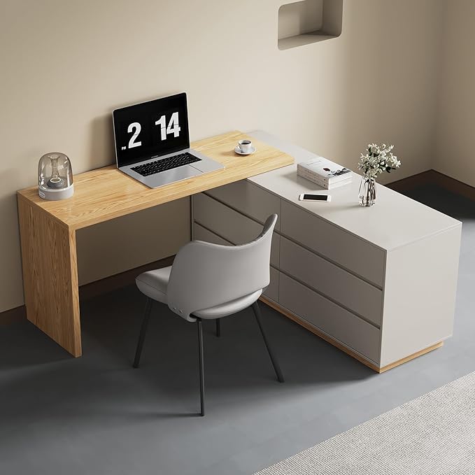 Modern Expandable L-Shaped Corner Vanity Desk with 6 Drawers Adjustable Computer Table for Home Office Study Writing Gaming and Bedroom Makeup Beige 56-98.5 ″