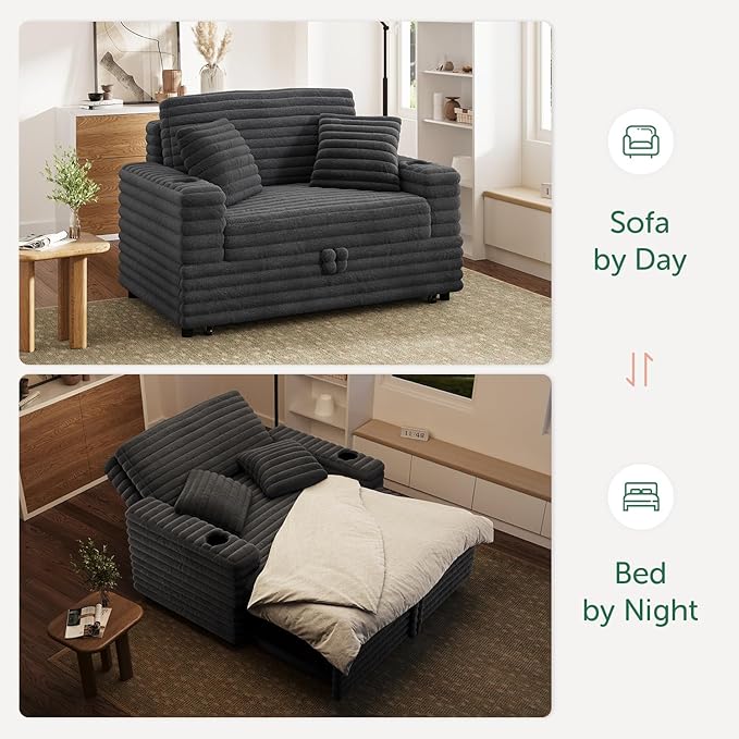 Plush Sofa 52” 3-in-1 Convertible Pull-Out Sofa Bed Sleeper Loveseat with Built-in Cup Holders Reclining Backrest Pet-Friendly for Small Space - Grey