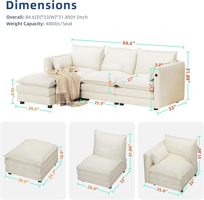 DYHOME l Shaped Sectional Couch with Padded Armrests Modern Modular Sectional Sofa 3 Seat with USB/Type-C Charging Port 27 Inch Deep Seat Chenille Cloud Couch with 5 Pillow for Living Room Bedroom