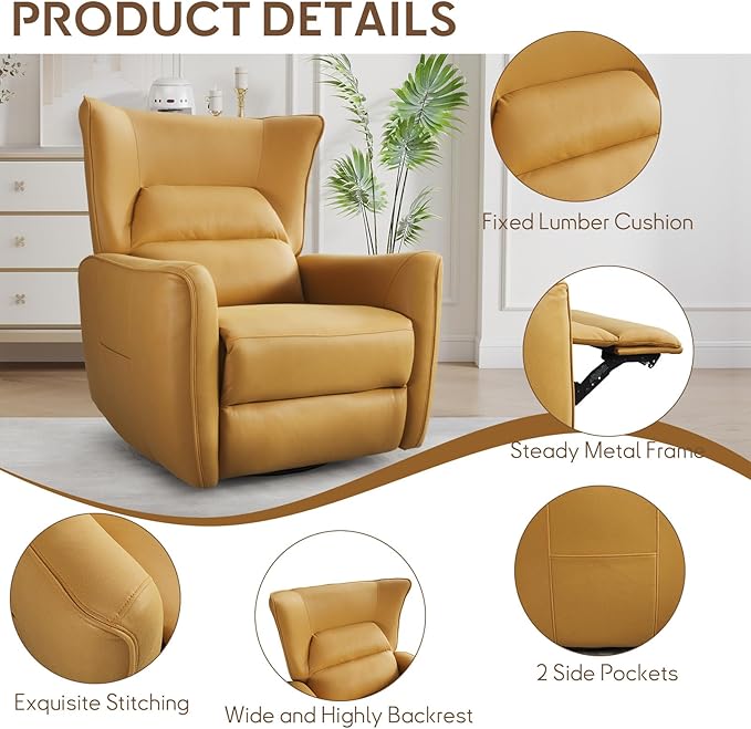 Bonzy Home 270° Swivel Power Recliner Chair 30° Rocking Chair with Lumber Cushion and Highly Enveloping Backrest Electric Reclining Home Theater Seat for Nursery Bedroom Living Room Orange