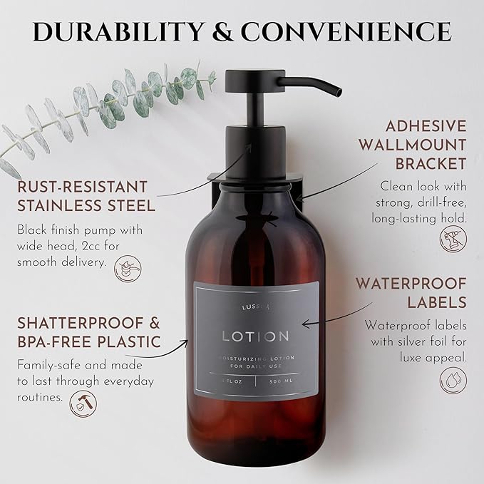 Shower Shampoo Dispenser Wall Mounted – 3 Refillable 16.9 oz Amber Bottles with Stainless Steel Pumps &amp No-Drill Adhesive Holders – Soap Dispenser Set for Bathroom (3 X Amber/Black)