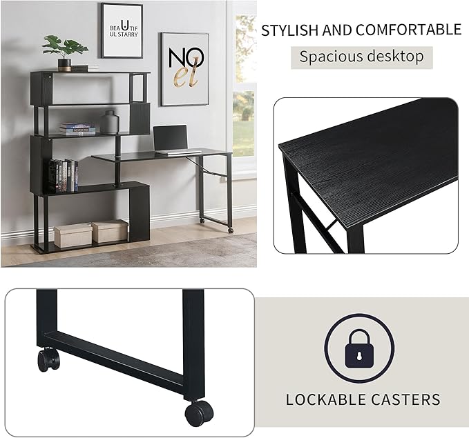 Vinsetto L-Shaped Home Office Computer Desk with Rotating Corner Table 5-Tier Bookshelf Lockable Casters Four Installation Methods 47.2 x 39.9 x 60.2 Black