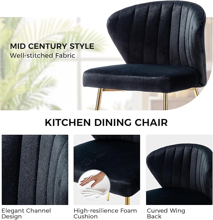 HULALA HOME Dining Chairs Set of 2 Velvet Upholstered Kitchen &amp Dining Room Chairs with Metal Legs Vanity Chair Armless Side Chairs for Living Room Bedroom Restaurant Channel Curved Backrest Bla