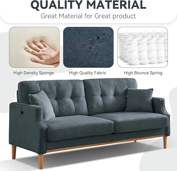 Sofa Couch with Thick CushionCouple Loveseat Sofa with Waterproof Fabric3 Seat Mid-Century Modern Couch with USB Port for Apartment Living Room Office (Blue)