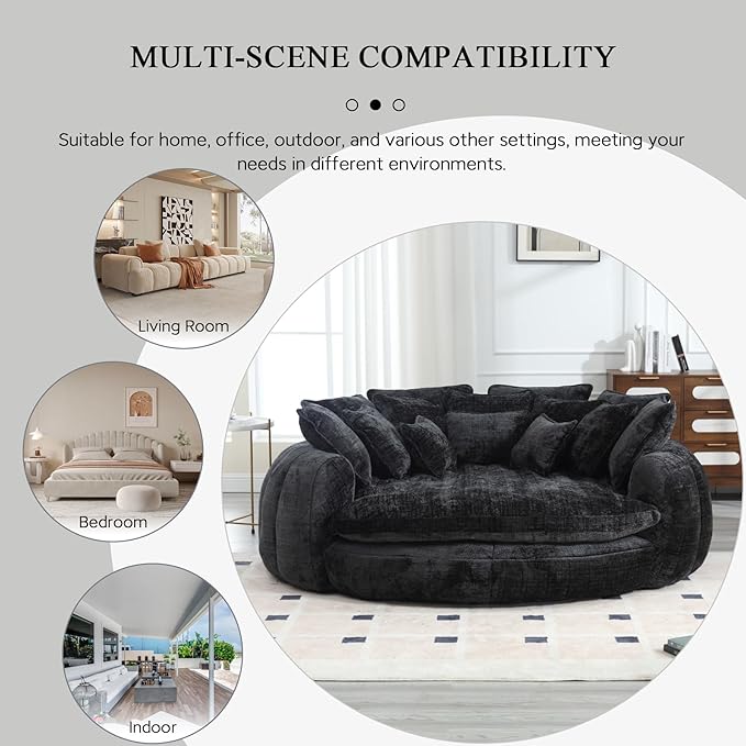81.1 Oversized Round Chaise Lounge Chair Extra-Wide 2-Person Accent Chair with 14 Pillows Comfy Cloud Sleeper Sofa for Living Room (Black)