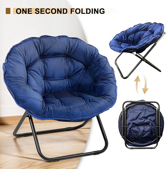 Grezone Folding Saucer Chair Lazy Moon Chair with Metal Frame Comfy Bedroom Chairs for Bedroom Living Room Study Navy