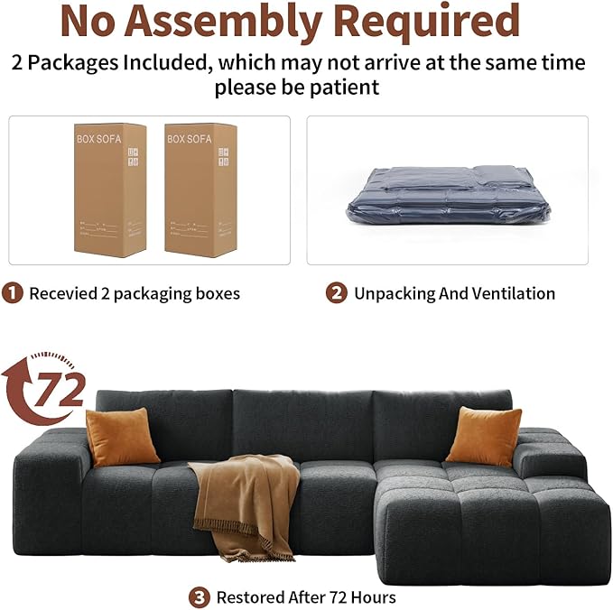 KEIKI 103 Corduroy Sectional Sofa 3-Seater L Shaped Sleeper Cloud Couch Bed Modern Upholstery Couches w/Deep Seat &amp Chaise Lounge Oversized Boneless Sofas for Living Room No Assembly Black