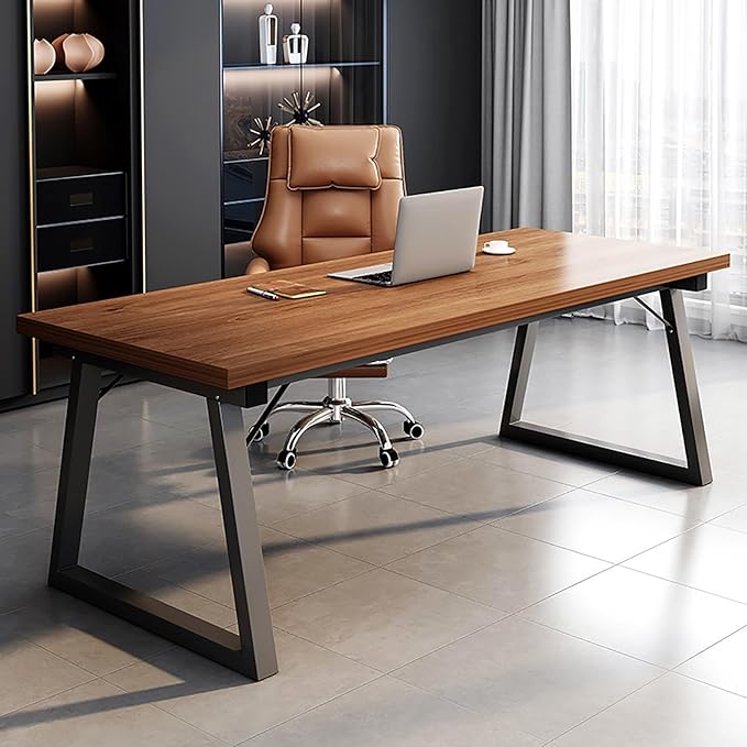 Solid Wood Computer Desk Natural Real Wooden and Metal Legs Home Office DeskIndustrial Executive Desk Workstation Modern Writing Desk Pc Table for Gaming Work Study