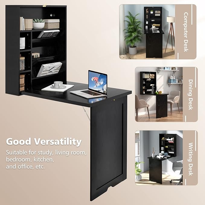 GOFLAME Wall Mounted Folding Desk with 3-Tier Tilt Storage Partition and Adjustable Shelves Space-Saving Convertible Writing Desk for Home Office Black