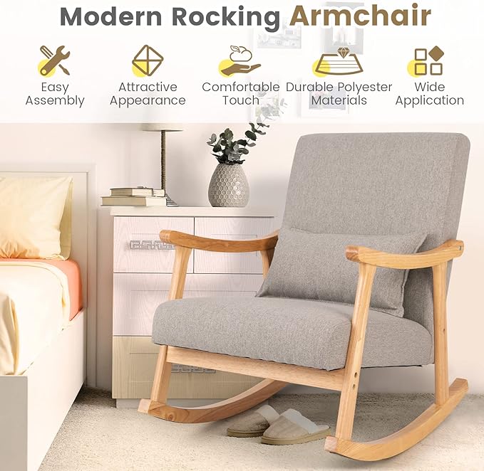 Giantex Upholstered Rocking Chair - Modern Rocker with Rubber Wood Frame Comfy Backrest &amp Seat PP Padded Pillow Single Rocking Chair for Living Room Nursery Bedroom Lounge Office Grey