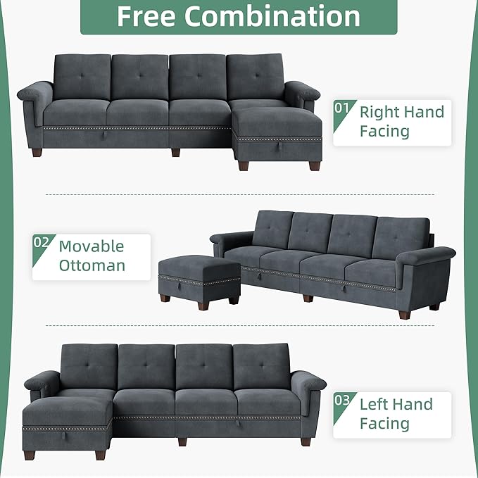 Shintenchi Sectional Couch Convertible L Shaped Couch with Storage Modular Sectional Sofa with Storage Ottoman for Living Room Apartment Office Dark Gray