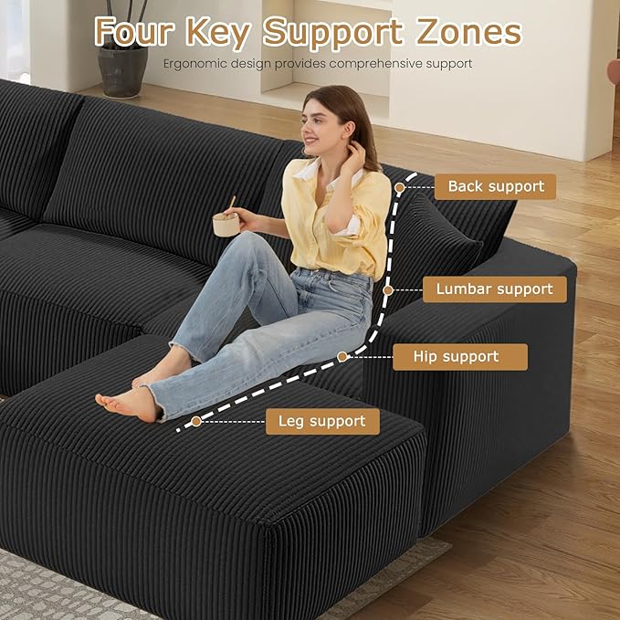 104 Cloud Couch Sectional L Shaped Boneless Couches for Living Room Corduroy Modern Modular Sectional Sofa No Assembly Required (Black L-Shaped)