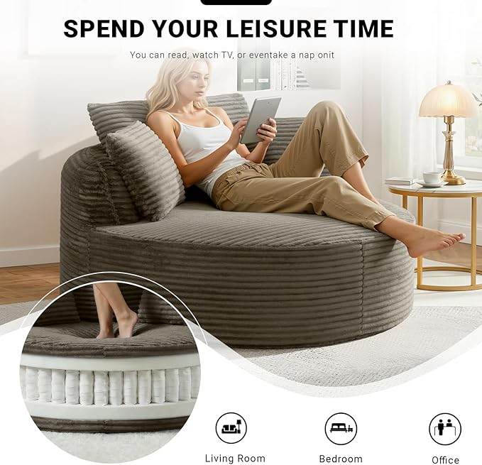 Oversized Round Lounge Chair Indoor Corduroy Upholstered Deep Seat Cloud Circle Sofa Chair Fluffy Boneless Sleeper Chair for Reading &amp Lounging No Assembly Required (Camel)