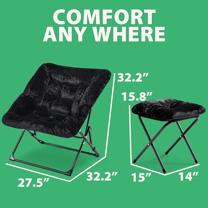OAKHAM Comfy Chair for Adults Soft Faux Fur Folding Lounge for Bedroom Living Room Dorm Rooms Flexible Reading Chair for Teens Kids X-Large Foldable (Ottoman-Black)