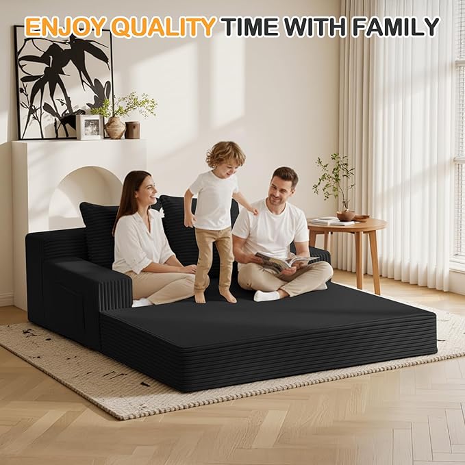 Loveseat Boneless Convertible Sofa Bed Folding Floor Futon Sleeper Sofa Couch Bed- Boneless Foldable Couch Corduroy Pull Out Sofa Bed with 2 Pillows for Living Room &amp Bedroom