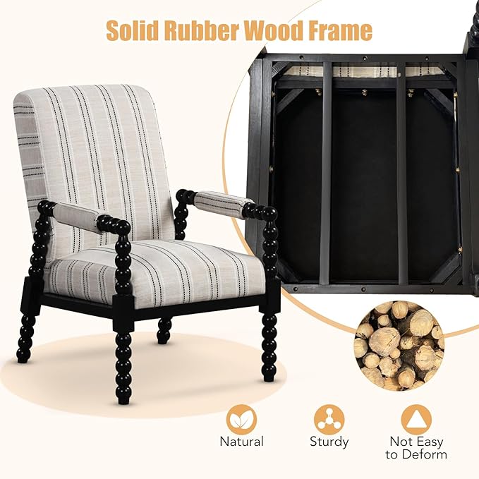 Giantex Mid Century Modern Spindle Accent Chair Set of 2 Upholstered Armchair w/Rubber Wood Frame Ergonomic Backrest &amp Fabric Covered Armrests Comfy Single Sofa Chair for Living Room Bedroom