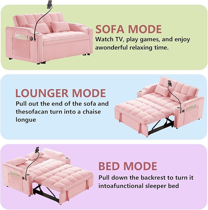 3 in 1 Convertible Sofa Bed Velvet Pull Out Couch Bed w/ Adjustable Back Love Seat Sleeper Beds w/ USB Ports &amp Cup Holders Phone Stand Full Size Futon Couch for Living Room Small Spaces (Pink)
