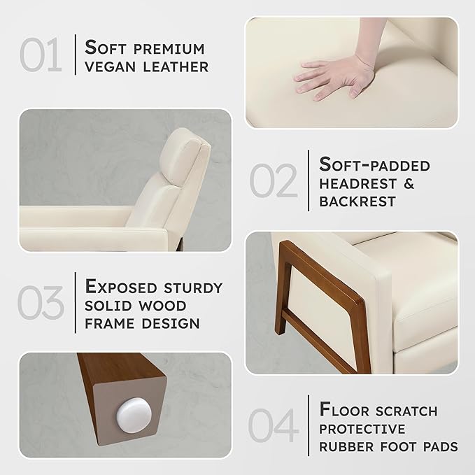 Lexicon Push Back Recliner Chair Faux Leather Upholstered Reclining Chair with Footrest Exposed Dark Brown Finish Wood Frame Small Recliner for Small Space Living Room Bedroom Light Beige