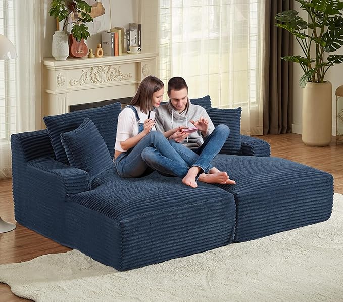 Oversized Double Chaise Lounge Chair IndoorWide Corduroy Boneless Chaise Lounges SofaComfy Upholstered Cloud CouchNo Assembly Required Loveseat Sleeper Chair Bed for Living Room(Dark Blue)