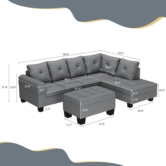 AWQM Upholstered L-Shape Modular Sectional Sofa Set with Storage Ottoman &amp Chaise Light Grey Fabric Living Room Furniture Comfy Oversized Corner Sofa Couch