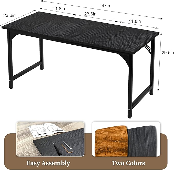 AZN Computer Desk 47in Computer Desk Office Desk w/Sturdy Metal Frame Office Desk w/Water-Resistant Scratchproof Surface Home Office Desks w/Large Legroom for Work Study Writing Gaming Black