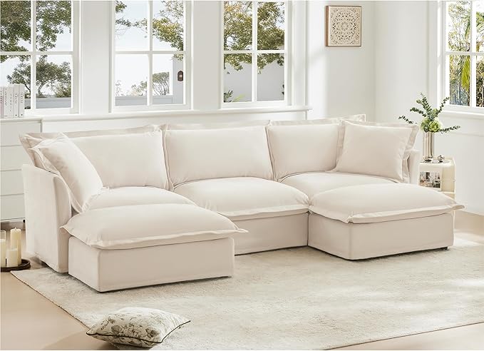 Aoowow Oversized Modular Sectional Sofa120” U-shaped Comfy 3-Seat Sofa Couch with 2 Movable Ottoman Upholstered Deep Seat Couches with Big Toss Pillows for Living Room Apartment OfficeCream-Chenille