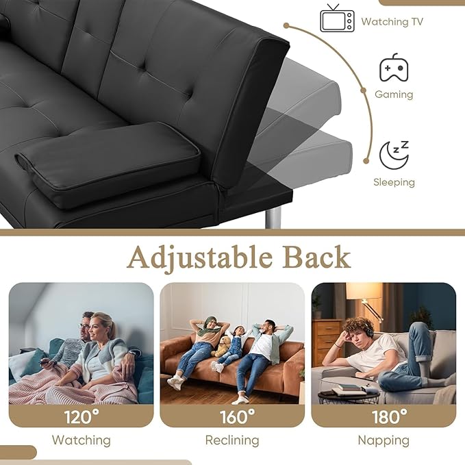 Convertible Folding Futon Sofa Bed with Metal Legs &amp 2 Cupholders Modern New Upholstered Couch Loveseat Sleeper Folding Couches Bed Removable Armrests for Small Spaces (Black)